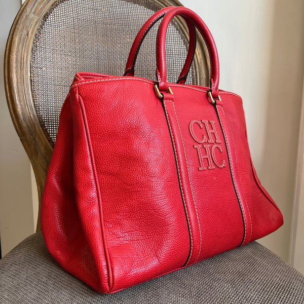 Bolsa Carolina Herrera Tote em Couro Vermelho Ferragem Dourada