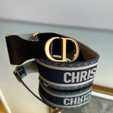 Cinto Christian Dior em Couro Preto e Tecido Marinho e Bege Ferragem Gold