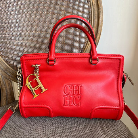 Bolsa Carolina Herrera Pequena com Alça Longa  em Couro Vermelho Ferragem Dourada