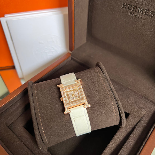 Relógio Hermès Heure H Ouro Rosé e Diamantes Croco Branco