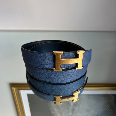 Cinto Hermès Azul com Fivela Dourada
