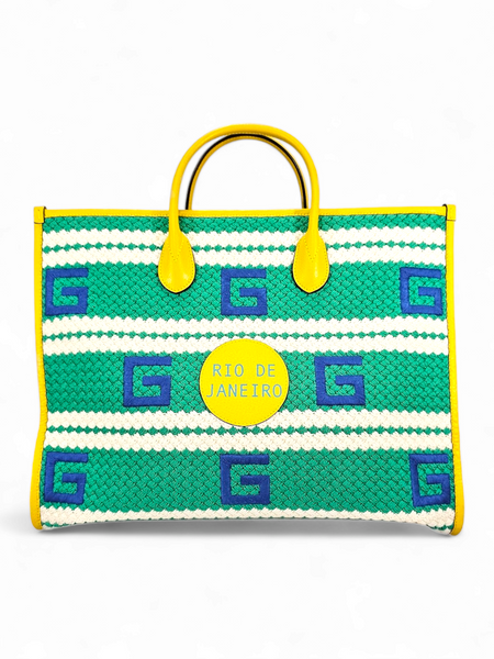 Bolsa Gucci Tote Rio de Janeiro Striped em Crochê é Couro Amarelo